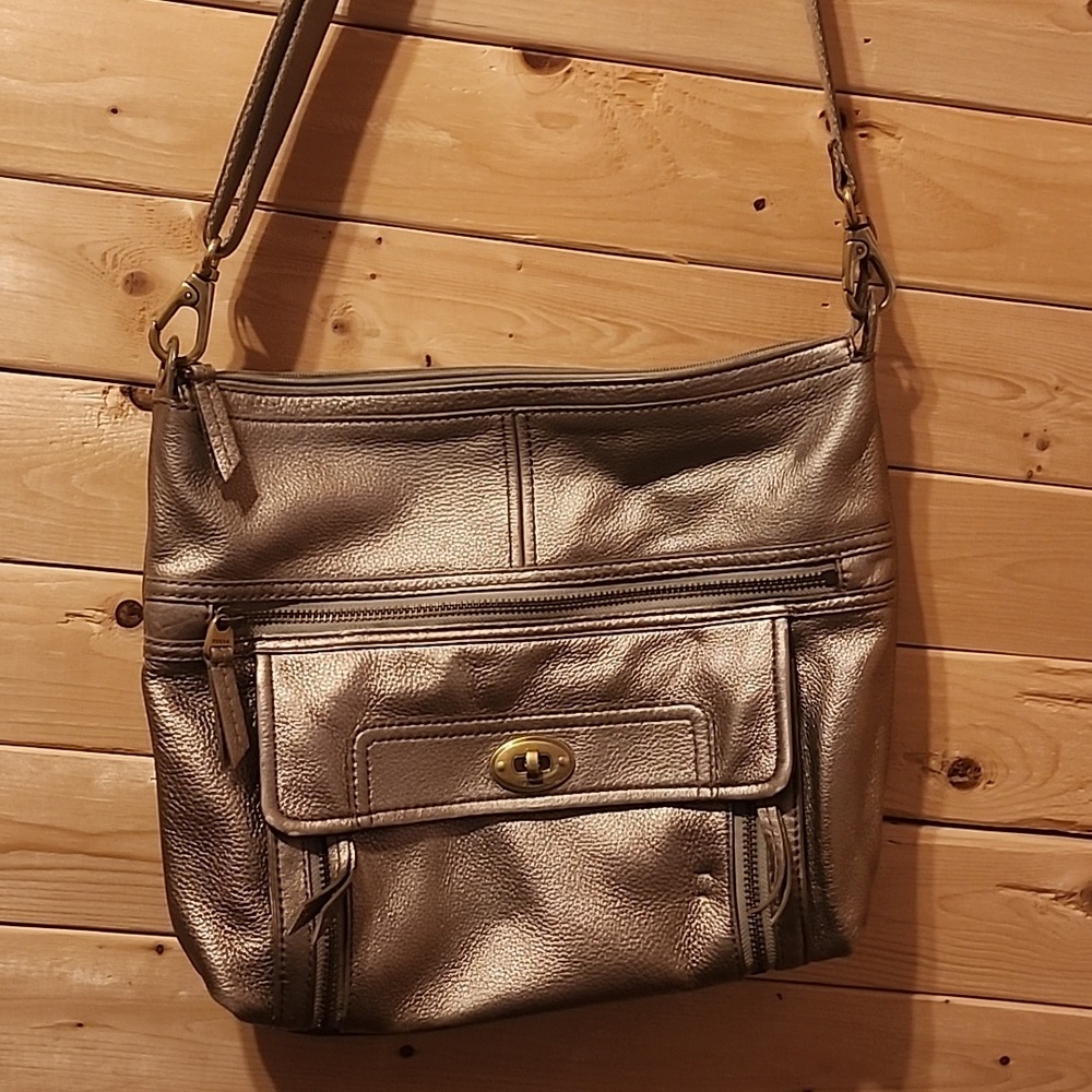 Fossil Morgan Traveller’s Bag Large Metallic Gold Crossbody Top Zip